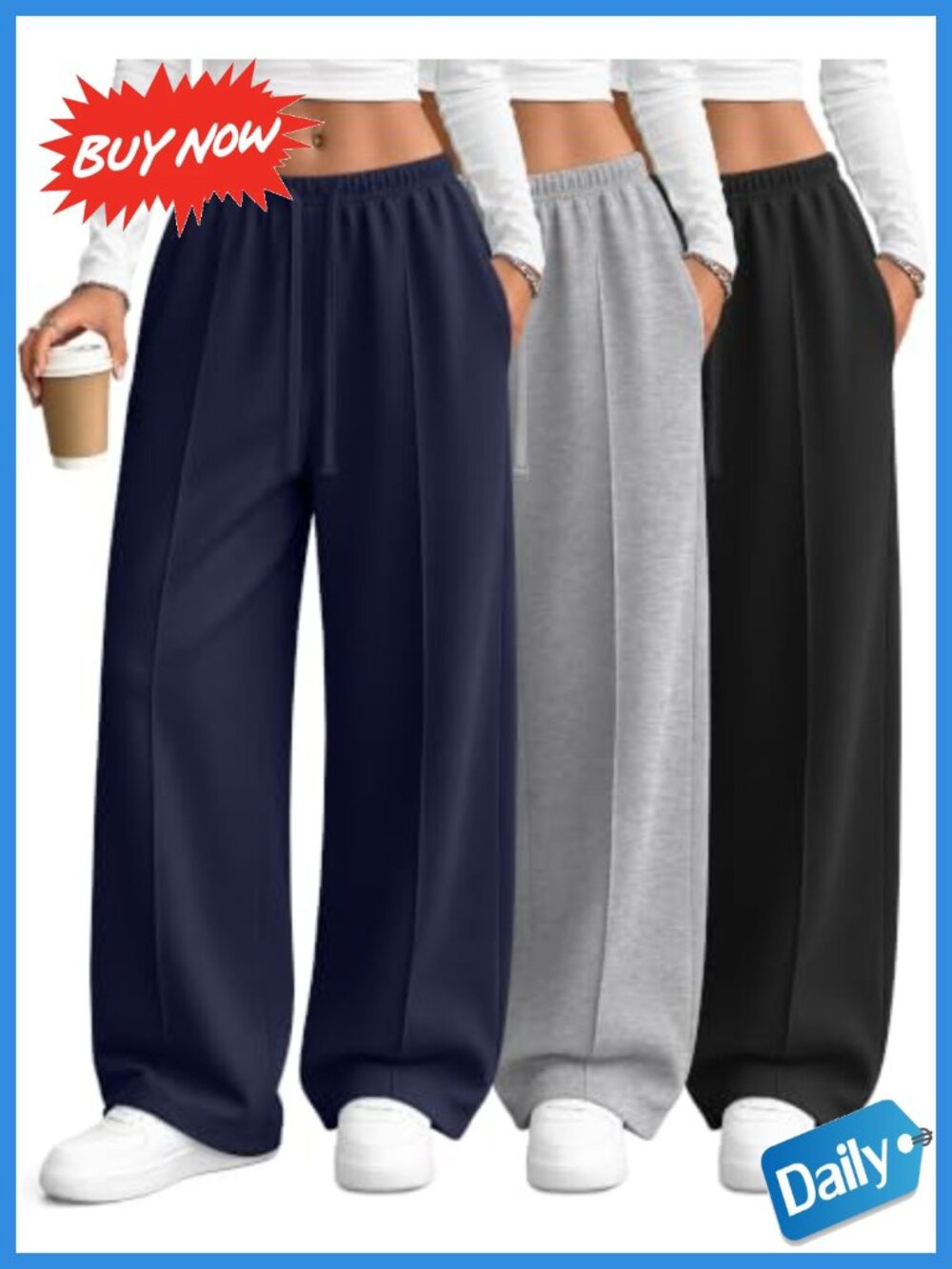 3 Pack Women's Wide Leg Sweatpants Straight Leg Drawstring Pockets